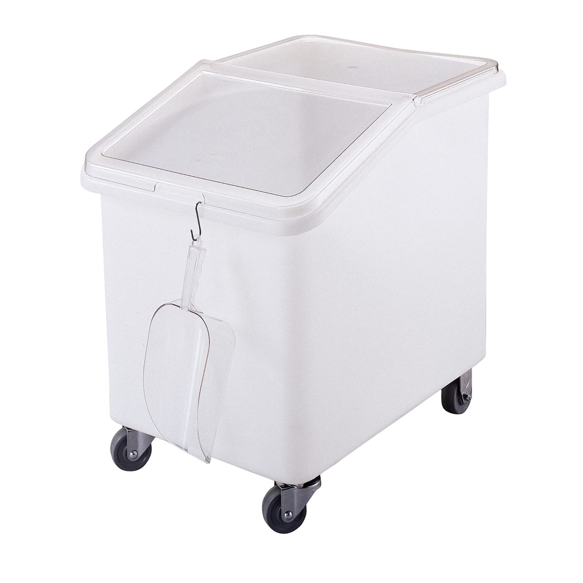 Cambro IBS37148 white 37-gallon mobile ingredient bin with clear sliding lid, front S-hook with scoop, and four casters