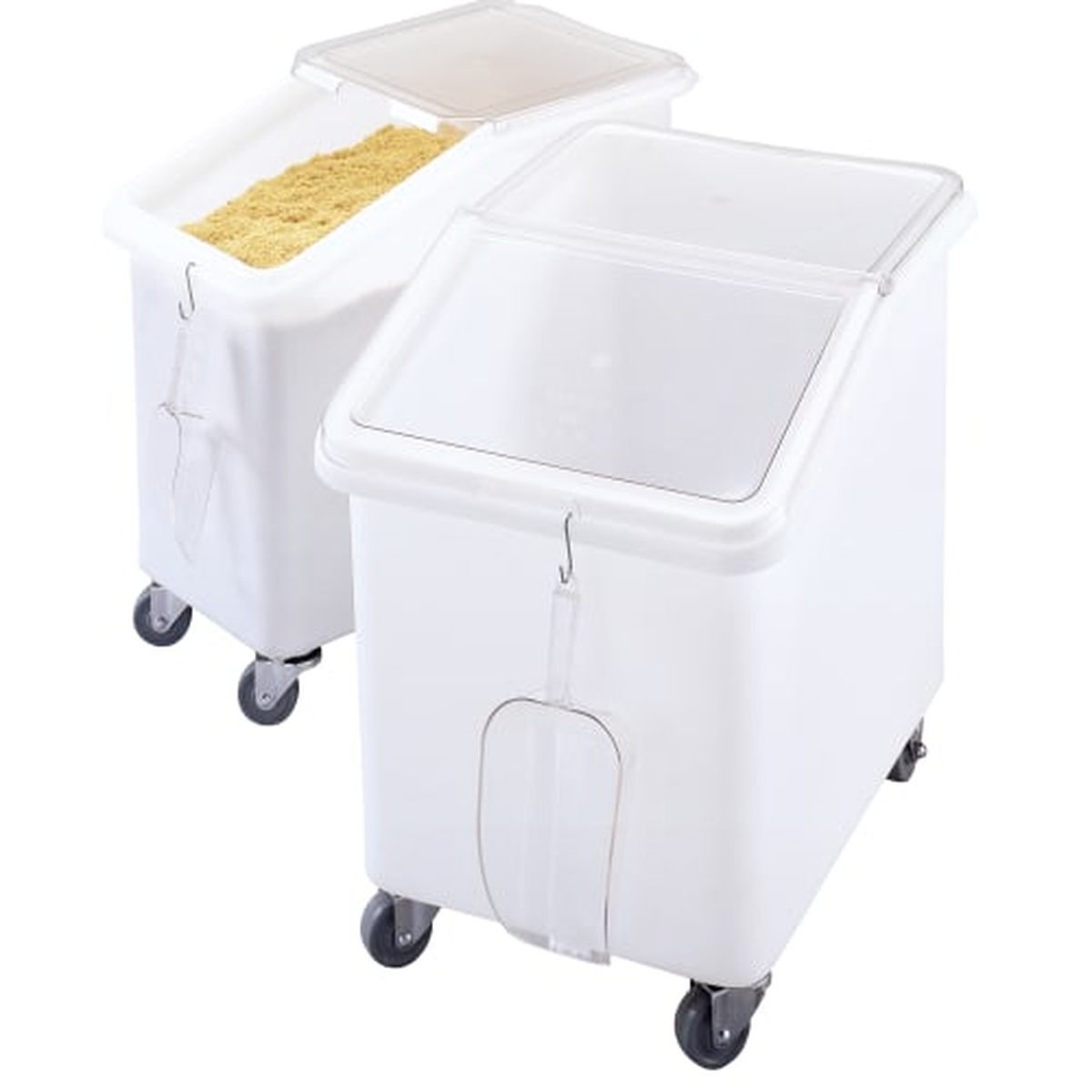 Two Cambro IBS37148 white mobile ingredient bins, one open showing dry grain contents and one closed, both on casters