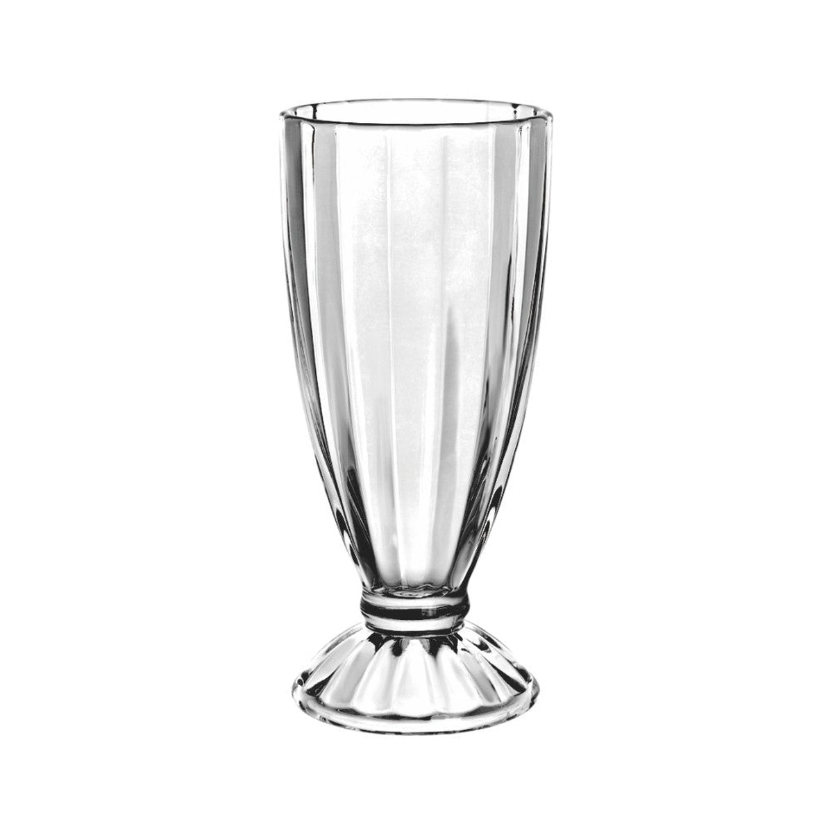 IC-18/BHA2 Enhanced 12 oz. clear footed soda glass with ribbed panel design on white background