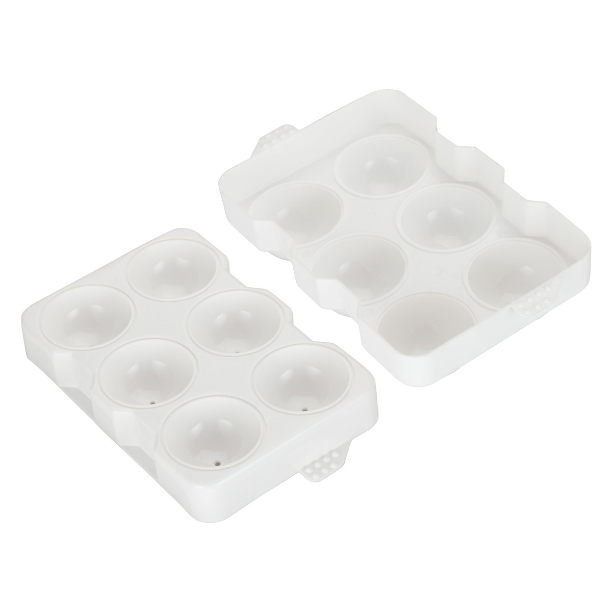 Winco ICCP-6W ice cube tray separated into top and bottom halves showing six hemisphere cavities