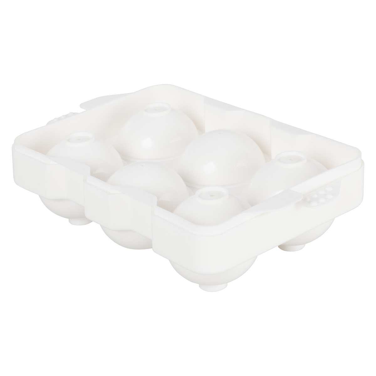 Winco ICCP-6W white polypropylene spherical ice cube tray assembled, angled top view