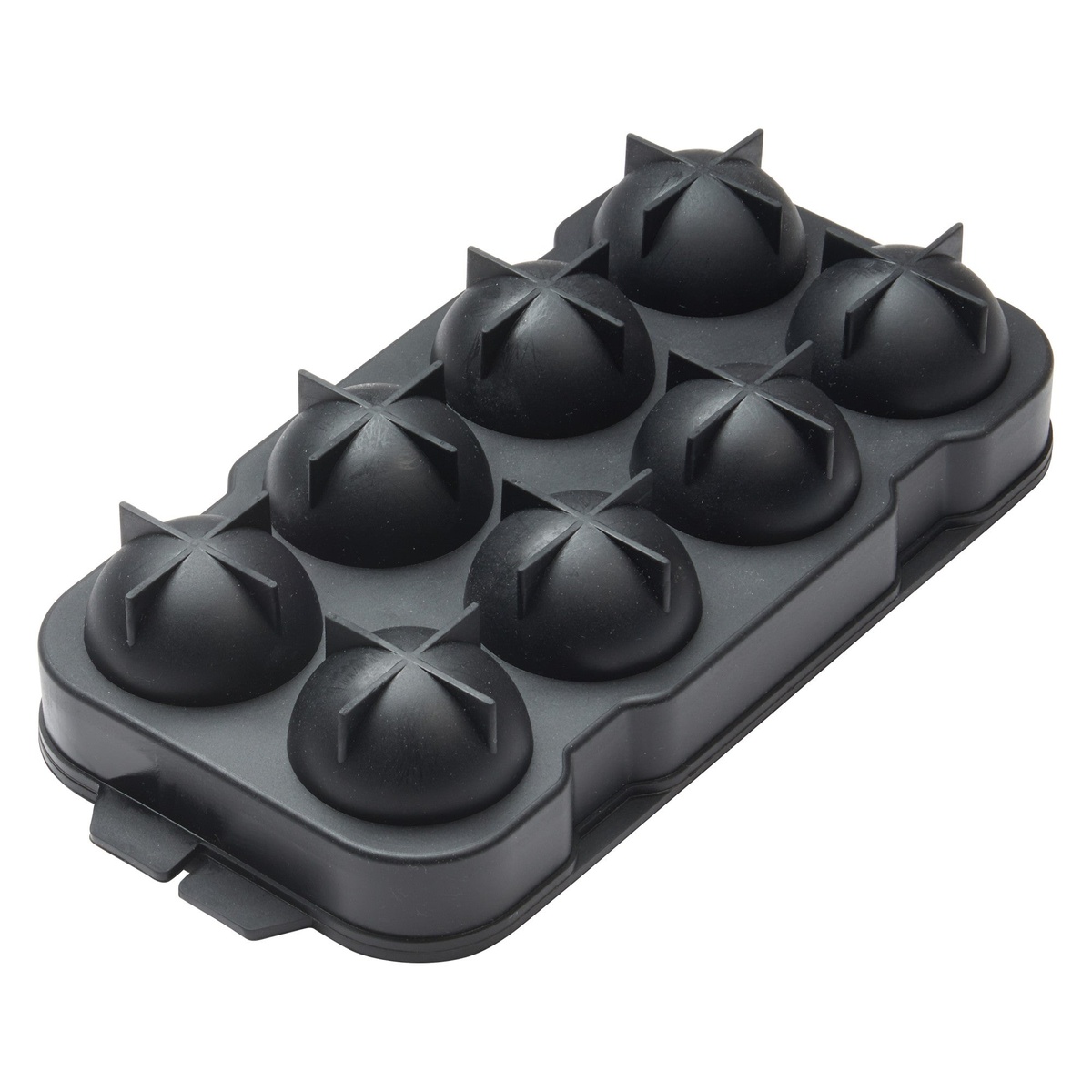 Angled view of Bar Maid ICCP-8K bottom tray half showing 8 dome cavities with X-shaped release vents in black silicone