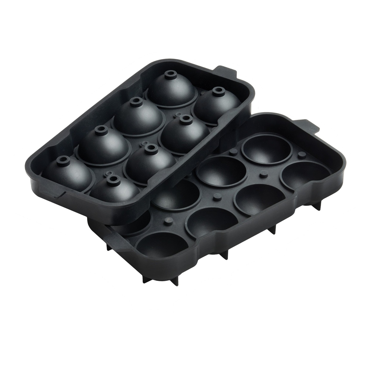 Both separated halves of the Bar Maid ICCP-8K black silicone ice sphere tray stacked to show top and bottom mold construction