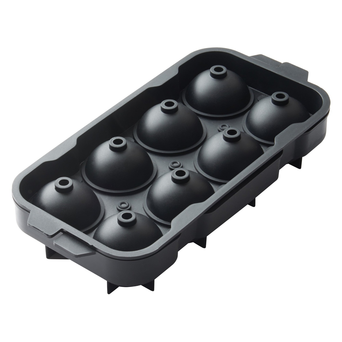Bar Maid ICCP-8K black silicone ice sphere tray top half angled view showing 8 dome compartments with fill holes