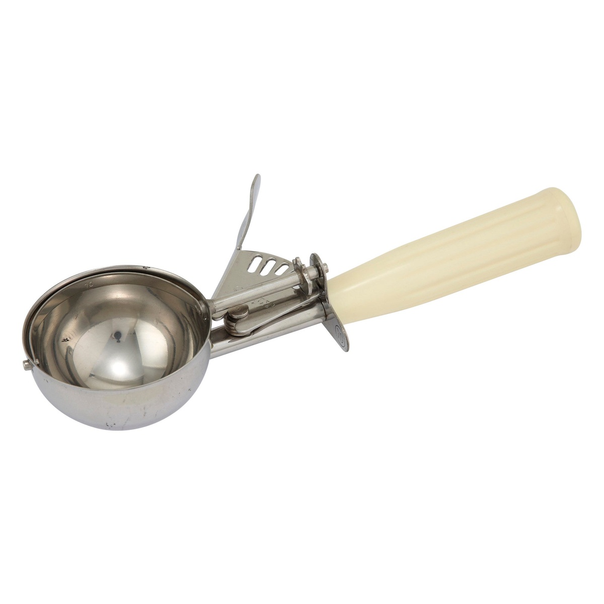 Winco ICD-10 Size #10 stainless steel thumb press disher with ivory plastic handle