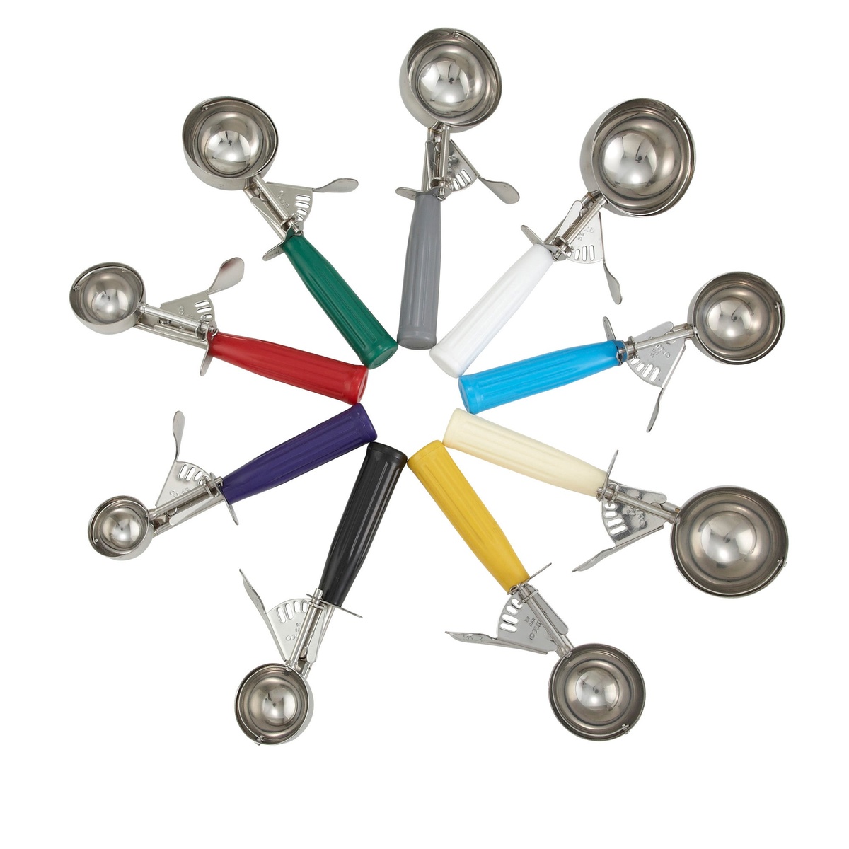 Assortment of Winco dishers arranged in a star pattern showing multiple color-coded plastic handles including green, red, blue, yellow, purple, black, white, and gray