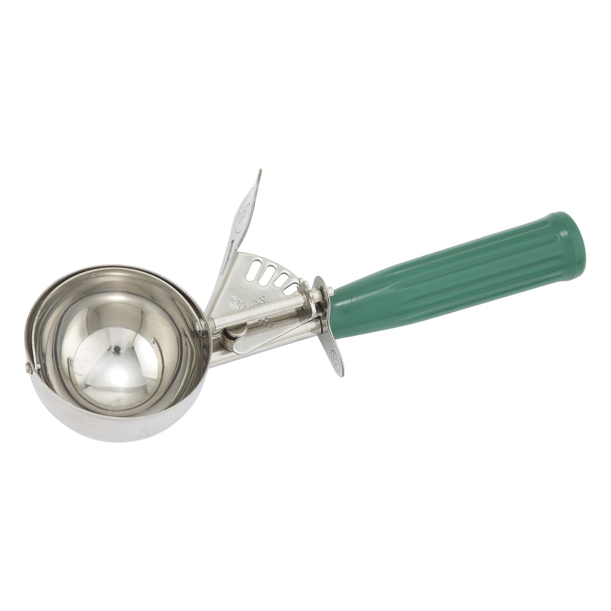 Winco ICD-12 size #12 disher with green plastic handle and stainless steel round bowl