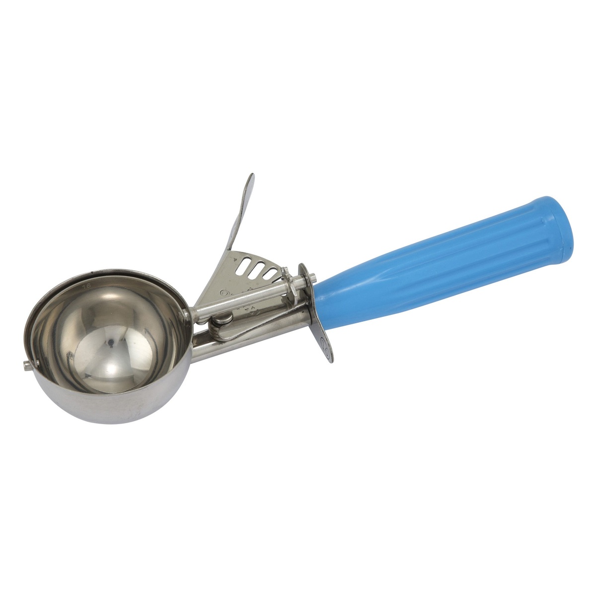 Winco ICD-16 size #16 stainless steel thumb press disher with blue plastic handle