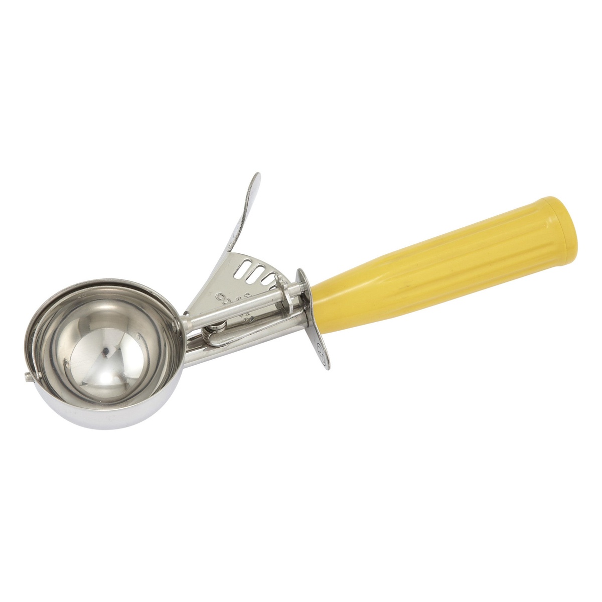 Winco ICD-20 stainless steel thumb press disher with yellow plastic handle, size 20