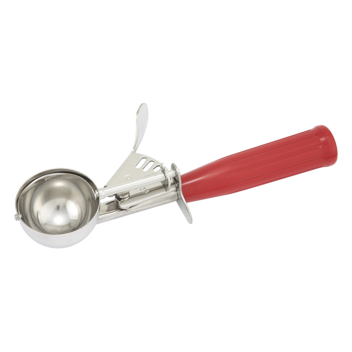 Winco ICD-24 size #24 stainless steel thumb press disher with red plastic handle
