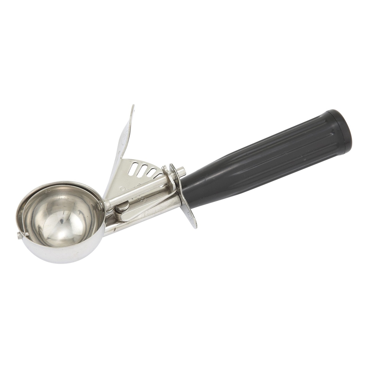 Winco ICD-30 size 30 stainless steel disher with black plastic handle shown against white background