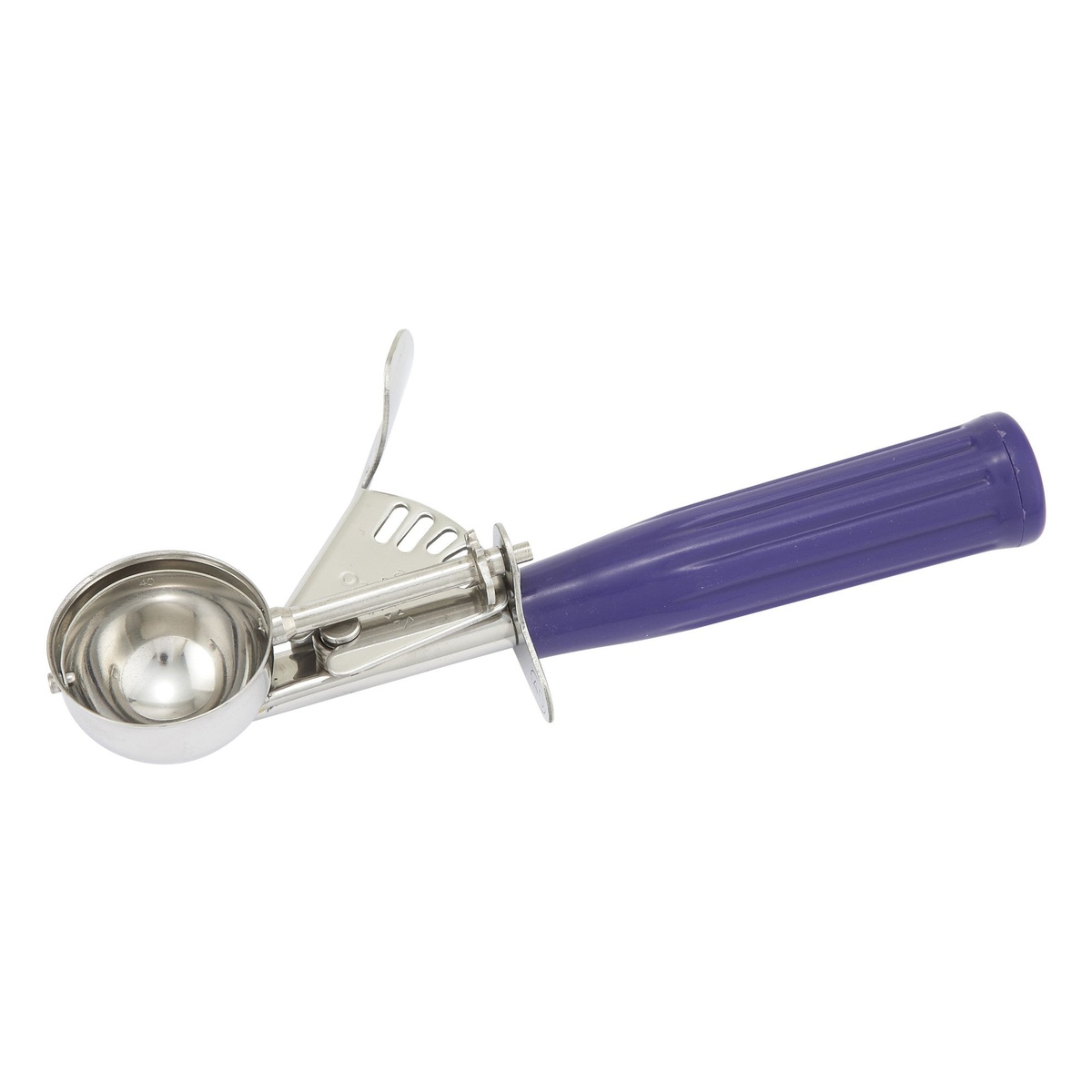 Winco ICD-40 Size 40 disher with purple plastic handle and stainless steel bowl