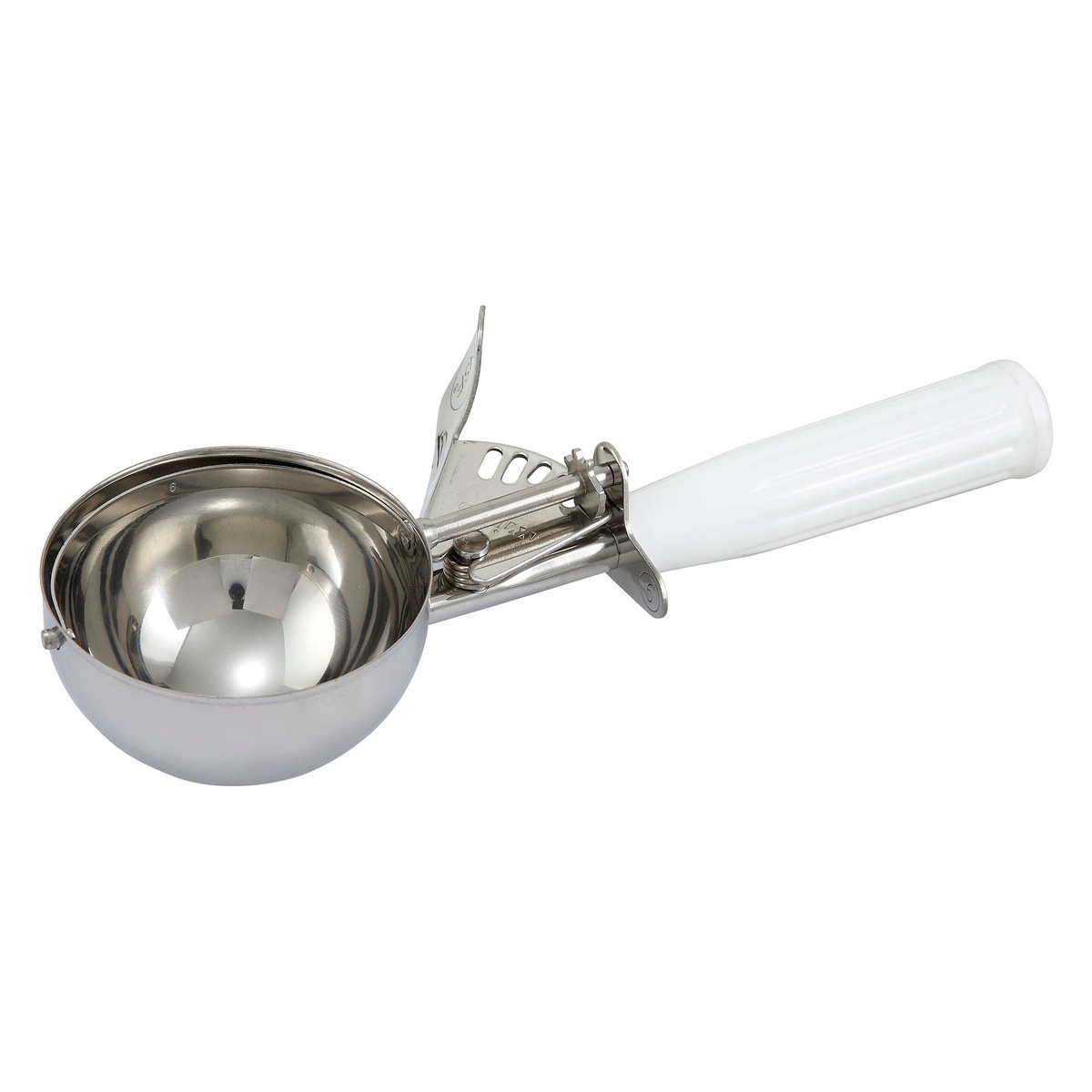 Winco ICD-6 Size #6 stainless steel disher with white plastic handle and thumb press release mechanism