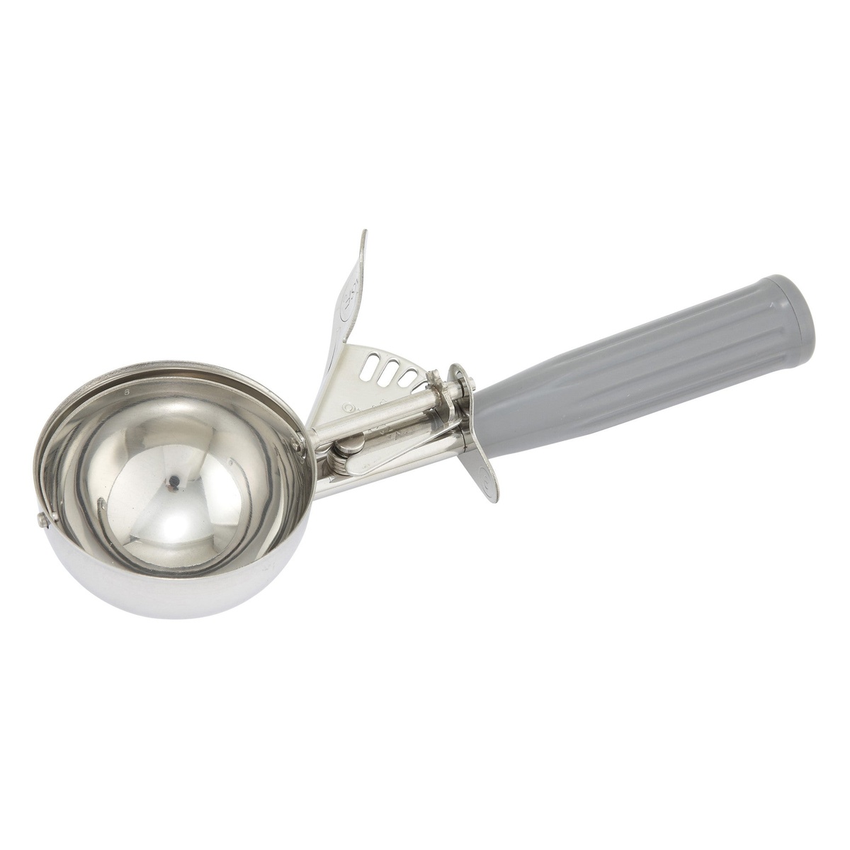 Winco ICD-8 stainless steel thumb press disher with gray plastic handle, size 8