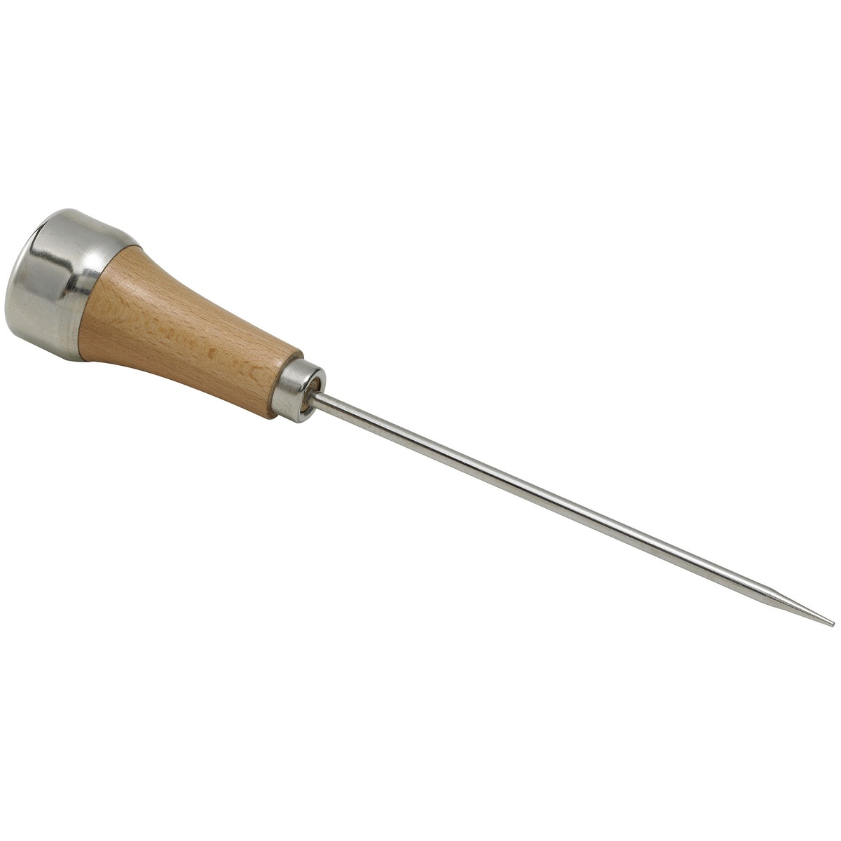 Winco ICH-1 ice pick with natural wood handle, nickeled steel cap, and long tempered steel spike on white background