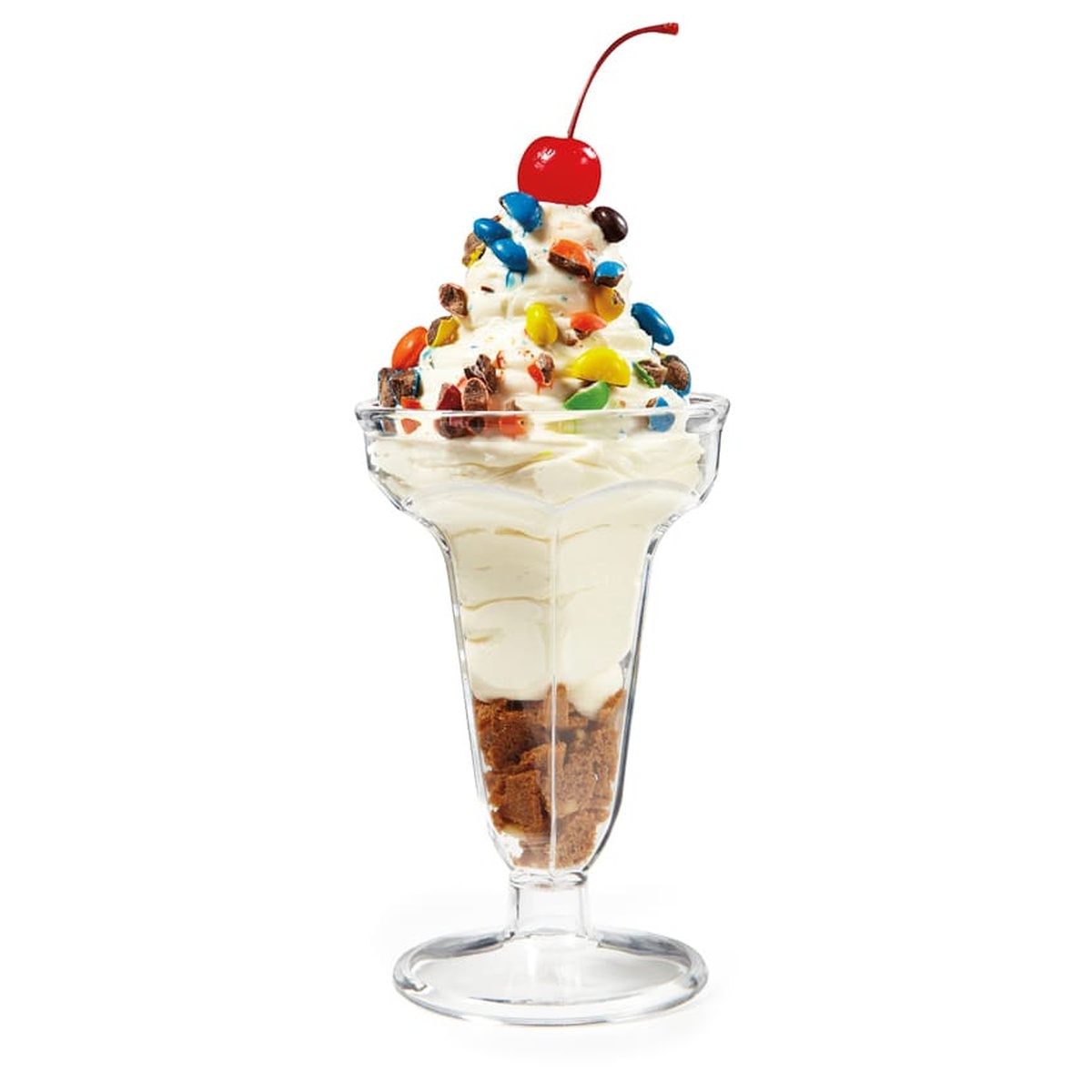 G.E.T. Enterprises ICM-24-CL clear footed sundae dish filled with ice cream, whipped cream, candy toppings, and a cherry on a white background
