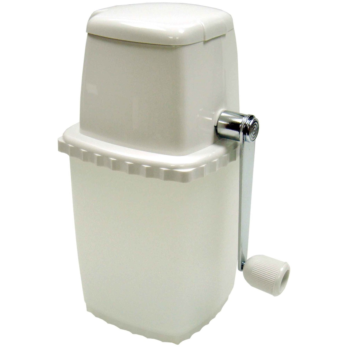 Winco ICP-9 white manual ice crusher with chrome hand crank on white background
