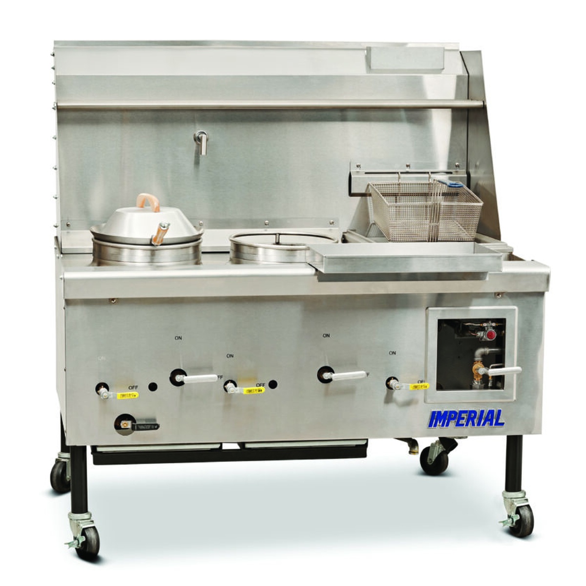 Imperial ICRA-1 gas wok range front view with backsplash, landing ledge, and controls