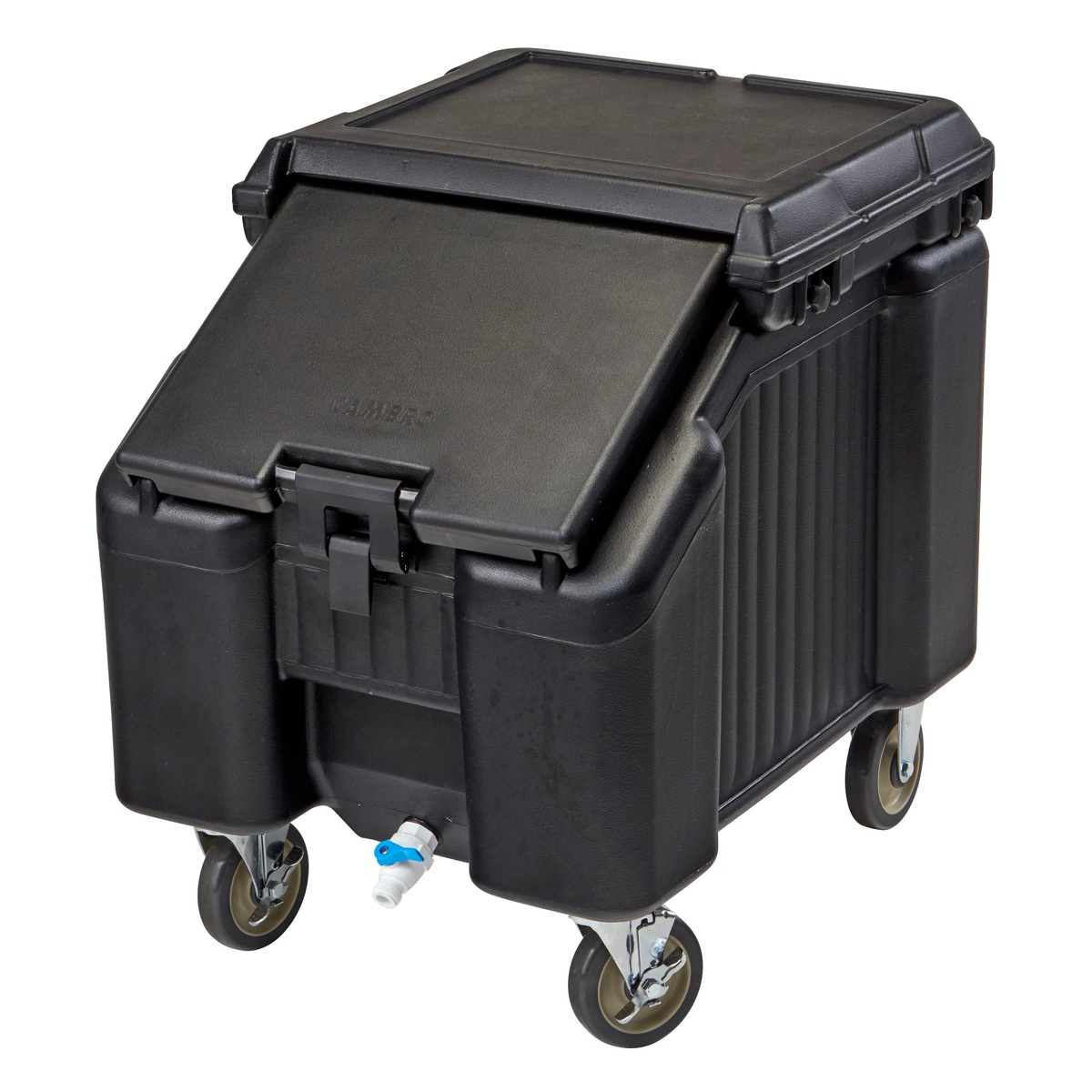 Cambro SlidingLid black ice caddy with lid partially closed, showing casters and drain faucet