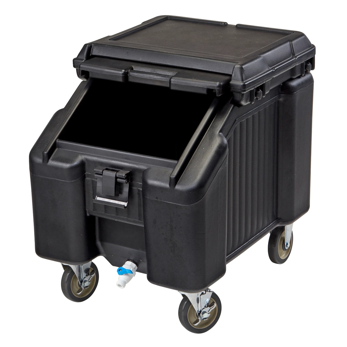 Cambro SlidingLid black ice caddy with lid open showing interior well and drain shelf