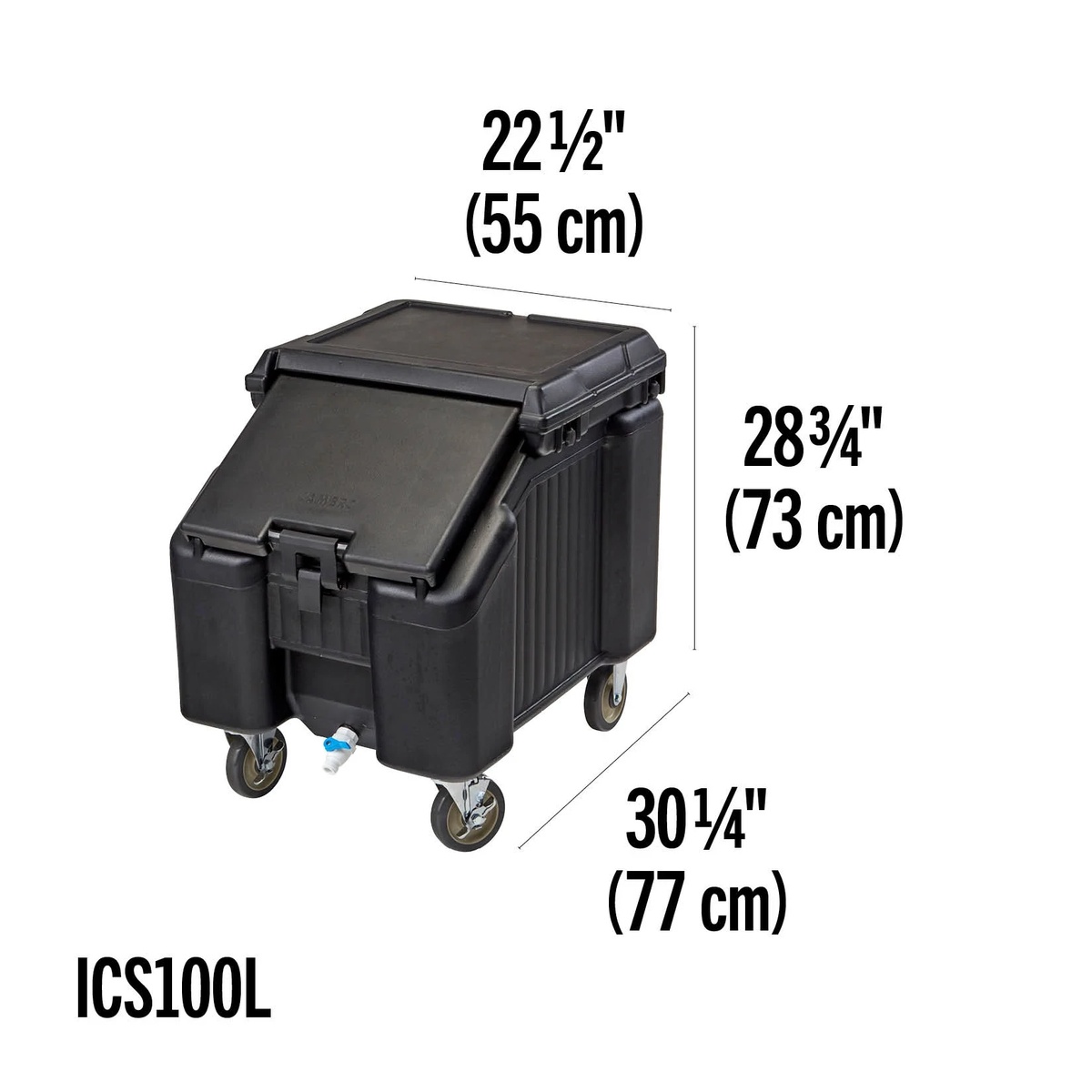 Cambro SlidingLid ice caddy dimension diagram showing width, height, and depth measurements