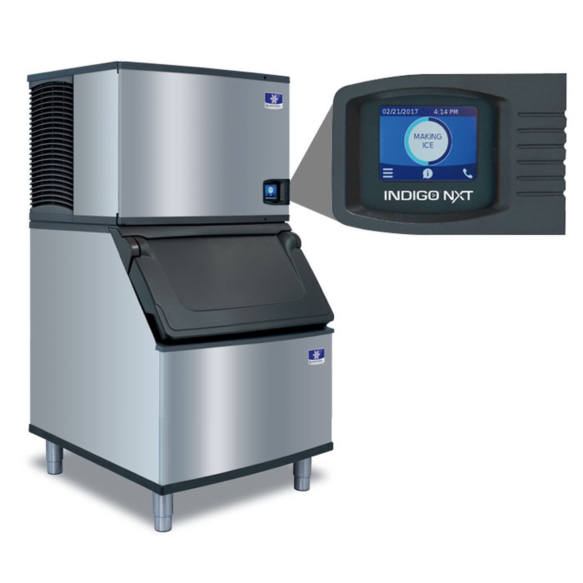Manitowoc IDT0450A Indigo NXT ice machine mounted on D-400 bin with easyTouch control panel display detail