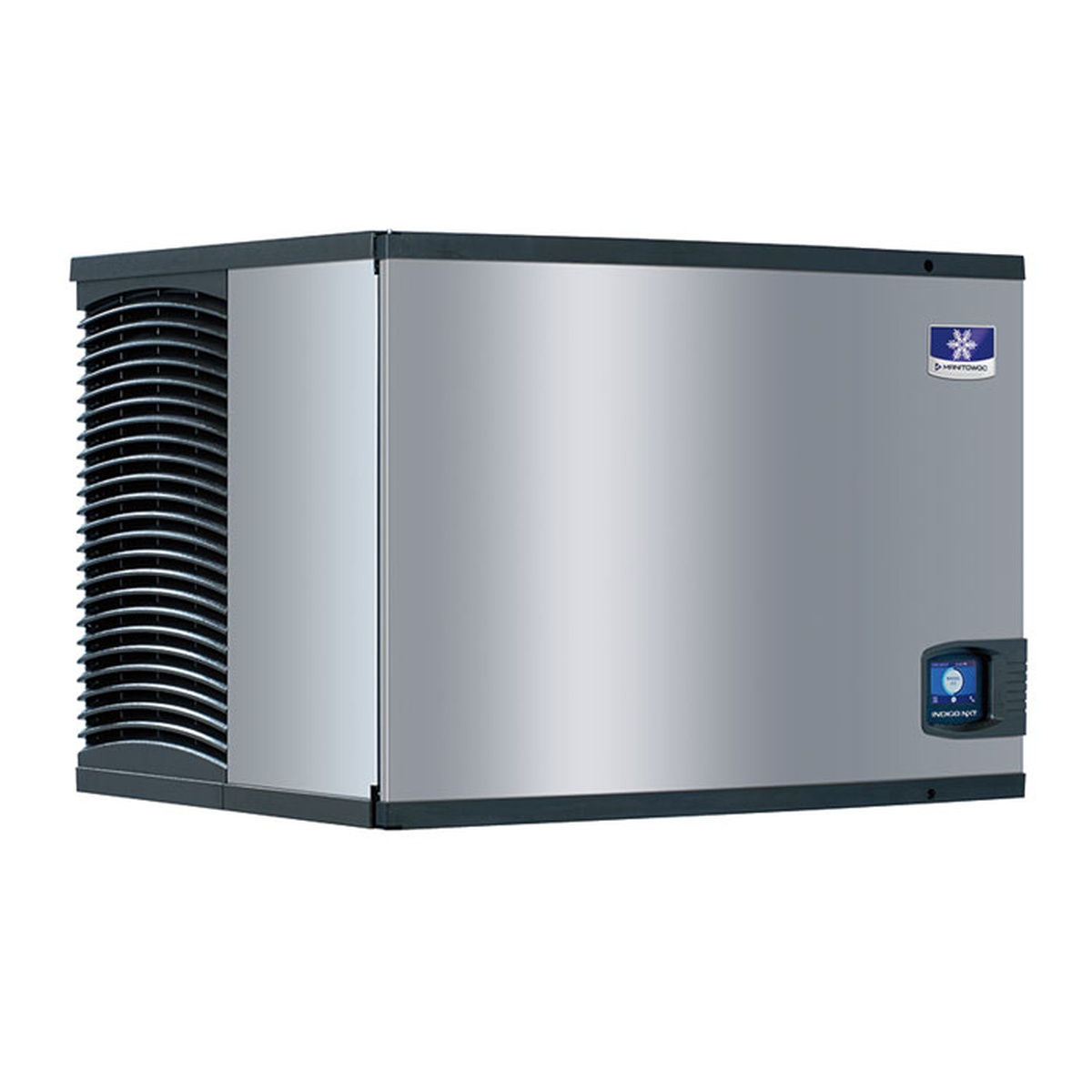 Manitowoc IDT1500N Indigo NXT ice machine head, stainless steel exterior with ventilation grille, angled view