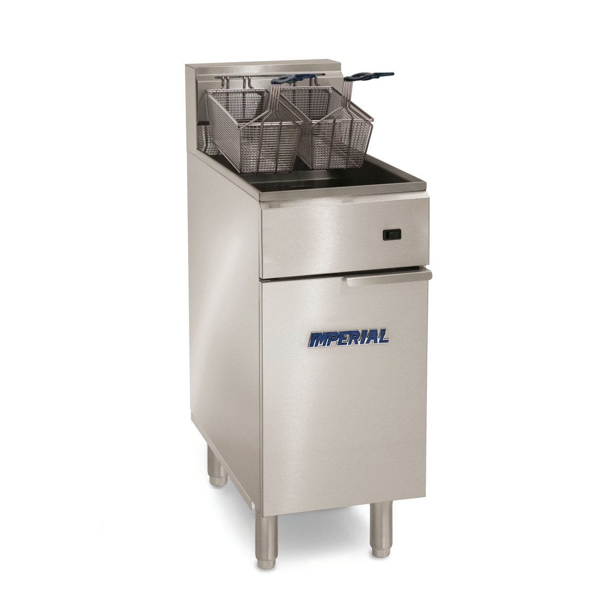 Imperial IFS-40-EU stainless steel electric floor fryer with two nickel-plated fry baskets on stainless steel legs
