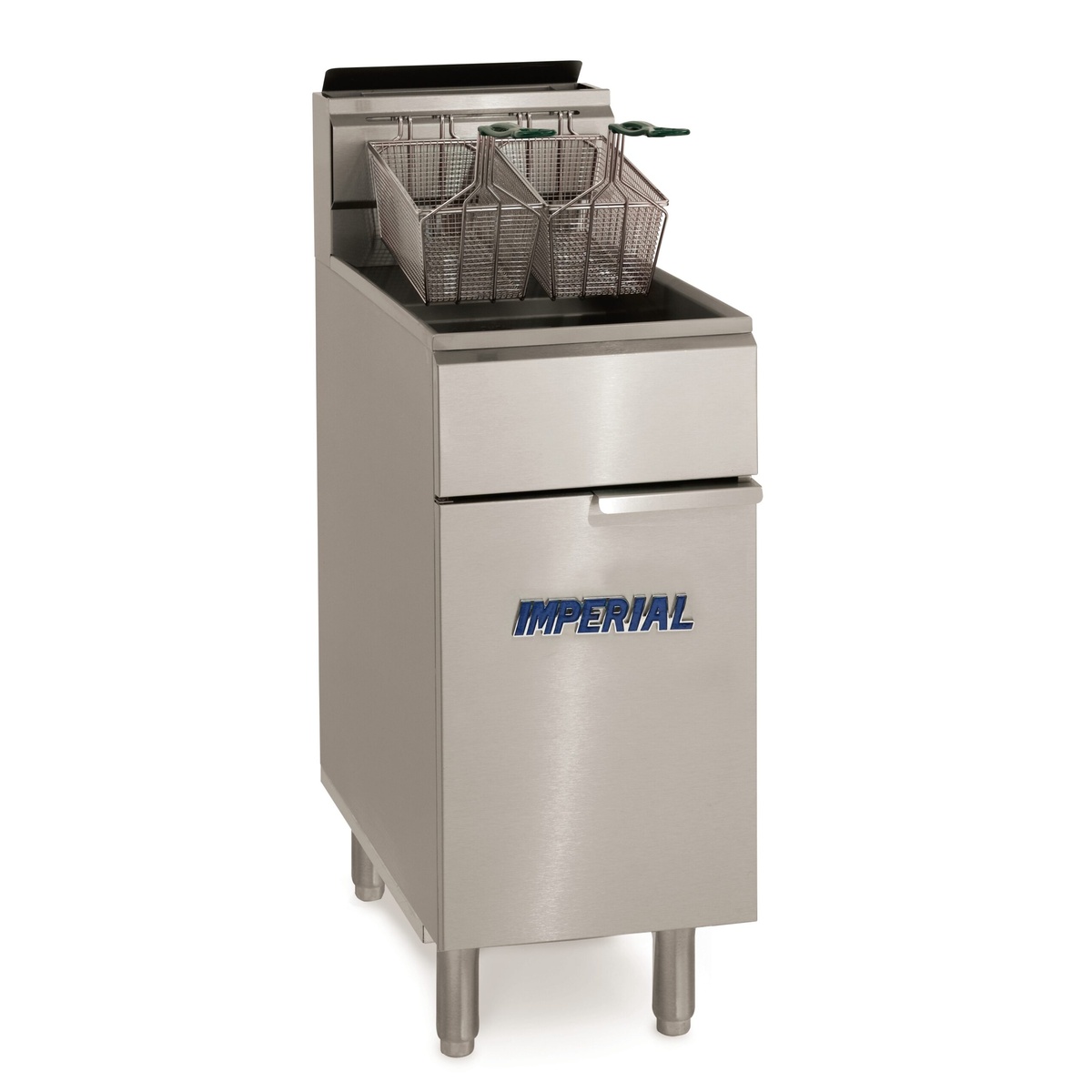 Imperial IFS-50-OP stainless steel floor model gas fryer with two nickel-plated baskets