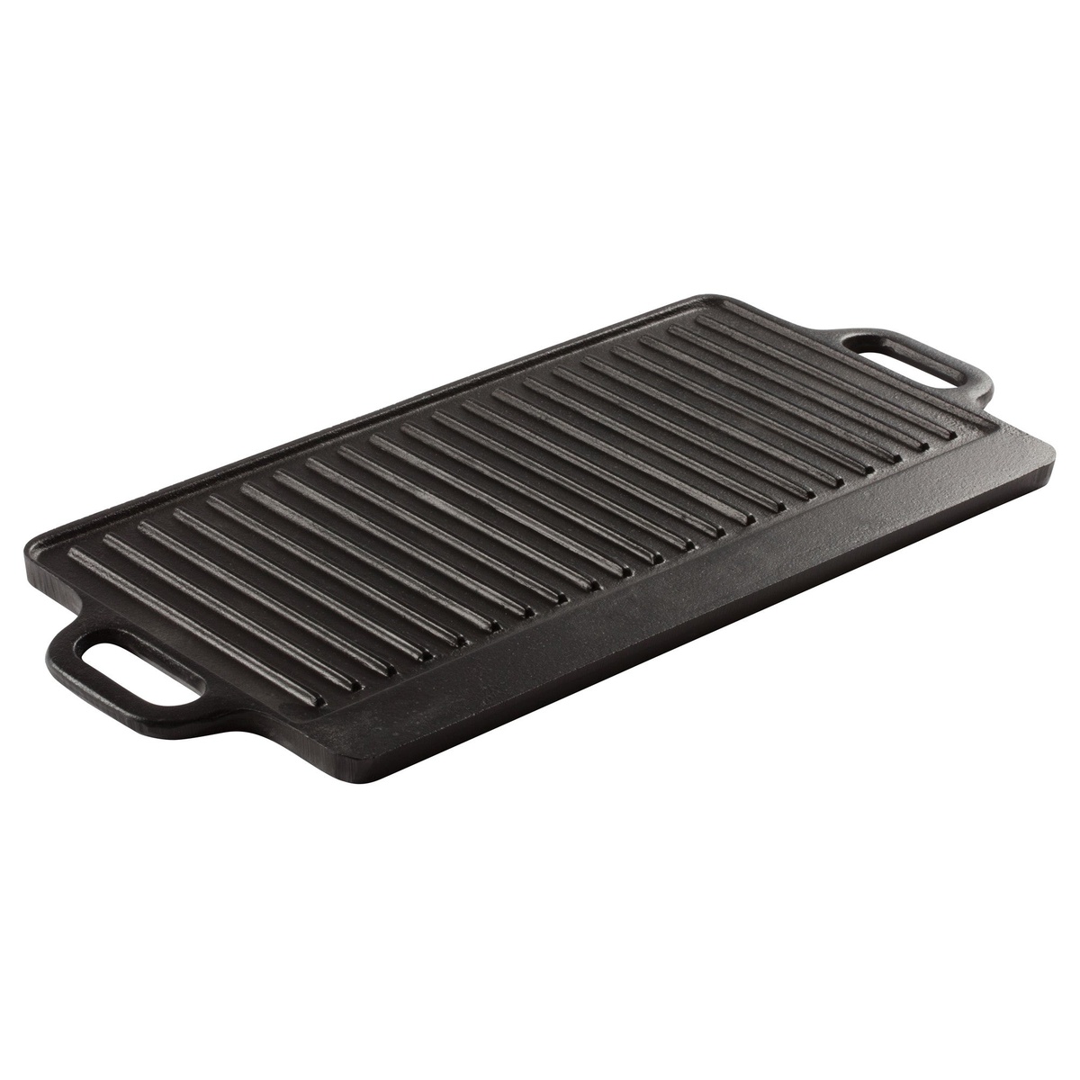 Winco IGD-2095 reversible cast iron griddle showing ribbed grill surface with dual side handles