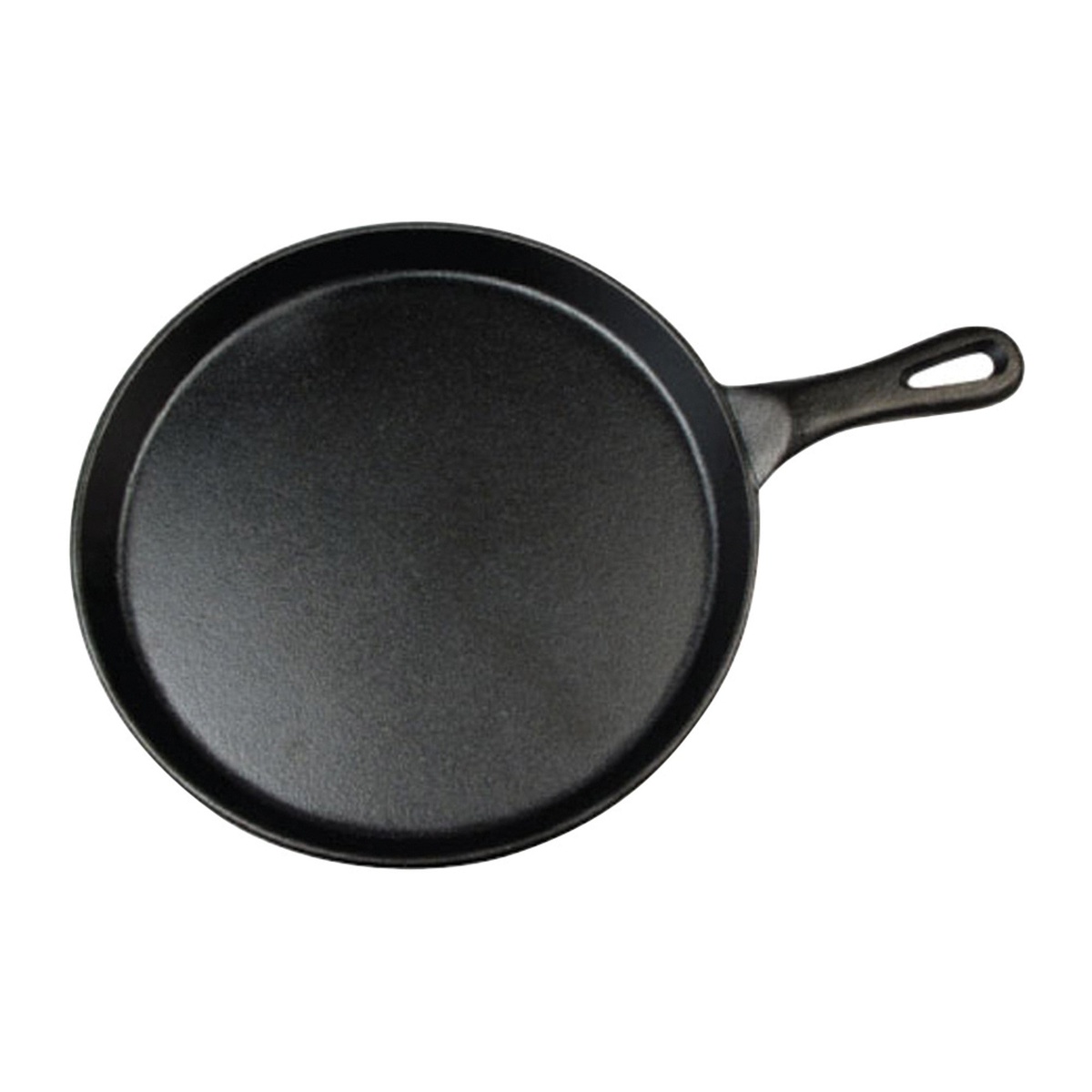 Winco IGL-10 10-inch round cast iron grill pan, top-down view showing smooth black cooking surface and long handle