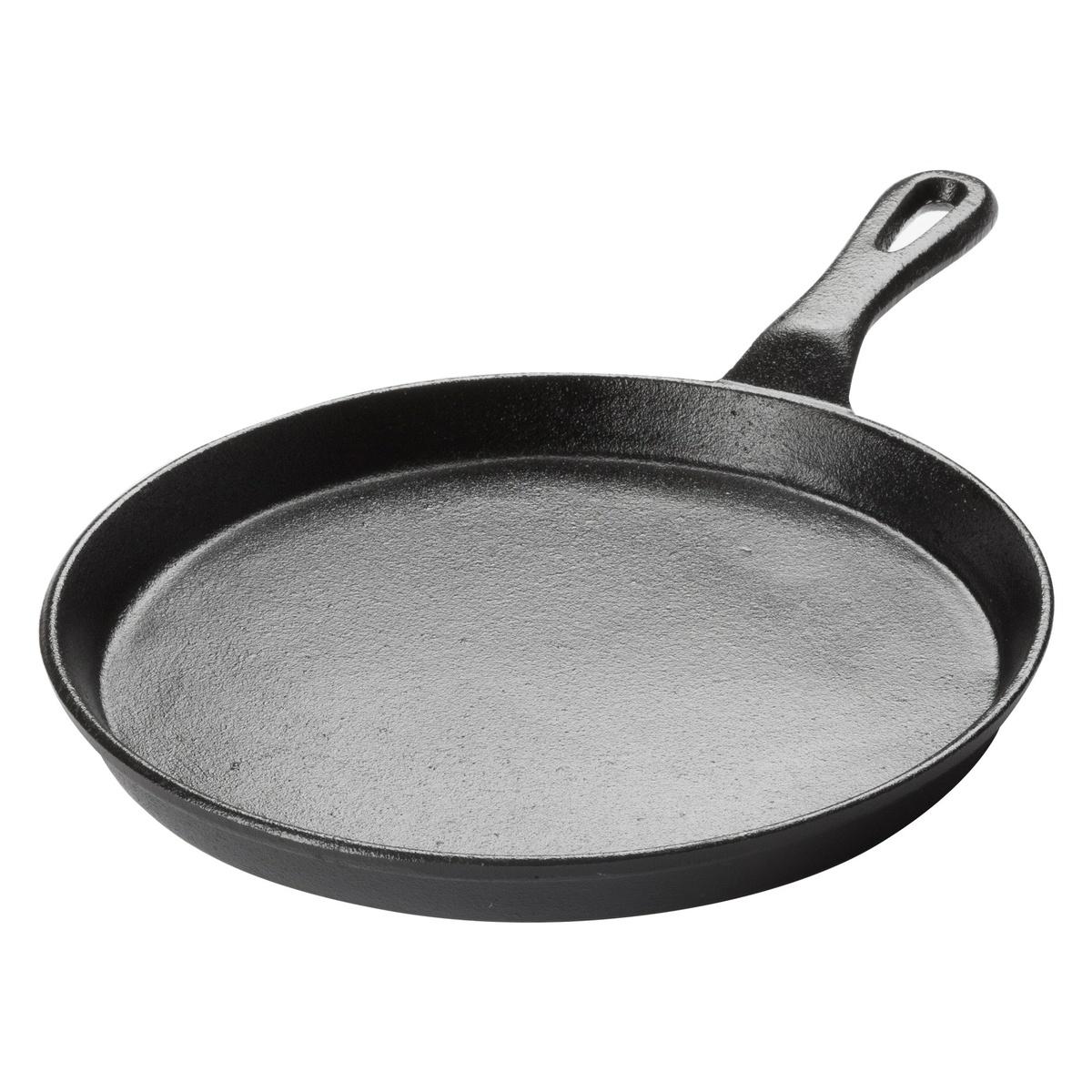 Winco IGL-10 10-inch round cast iron grill pan, angled side view showing depth of rim and long handle detail