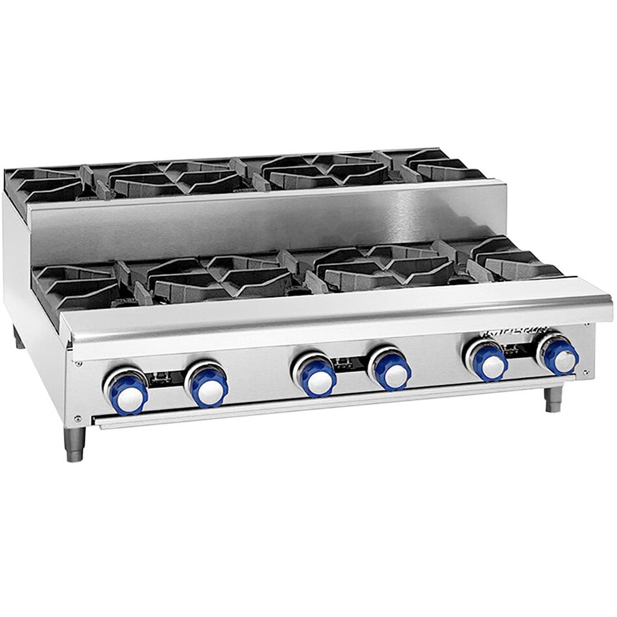 Imperial IHPA-6-36SU 36 inch step-up gas hot plate with six burners and manual control knobs