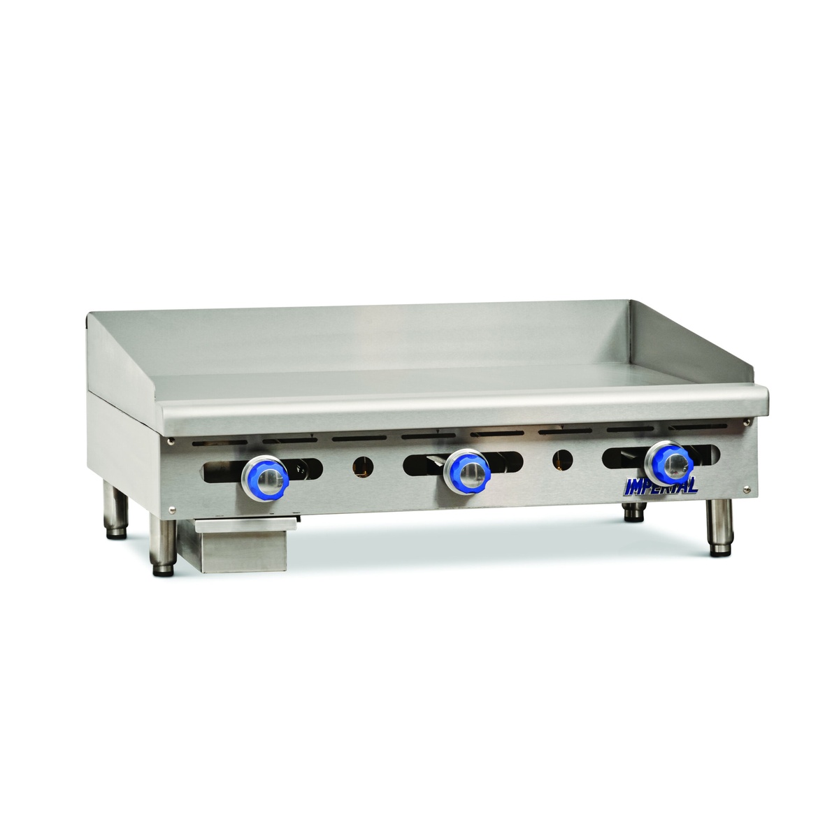 Imperial IMGA-4828 countertop manual gas griddle with stainless body and rear splash guard
