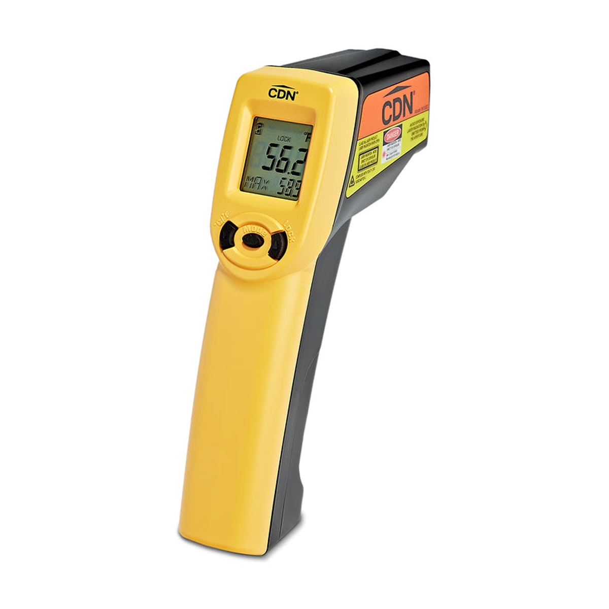 CDN IN1022 infrared gun thermometer angled front view showing LCD display and controls