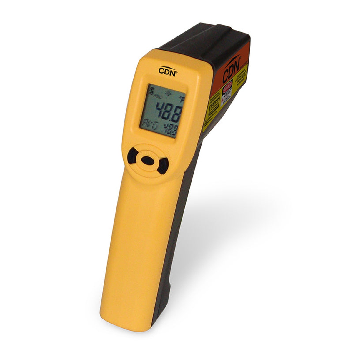 CDN IN1022 infrared thermometer angled view showing backlit LCD with average temperature reading