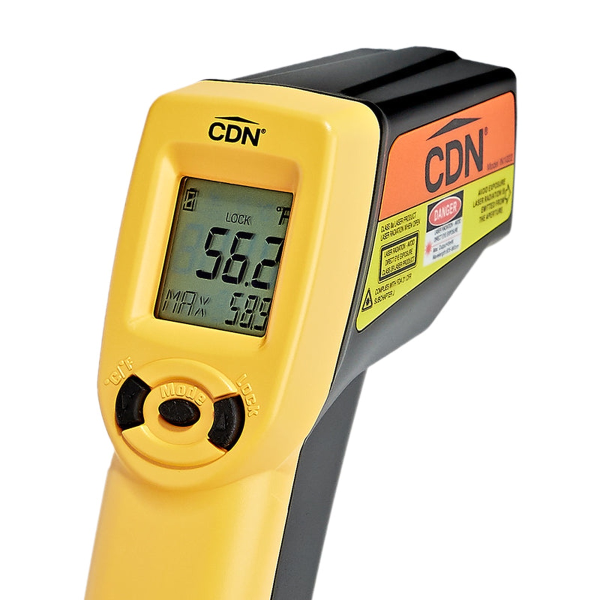 Close-up of CDN IN1022 infrared thermometer display showing LOCK and MAX readings with Mode and unit buttons