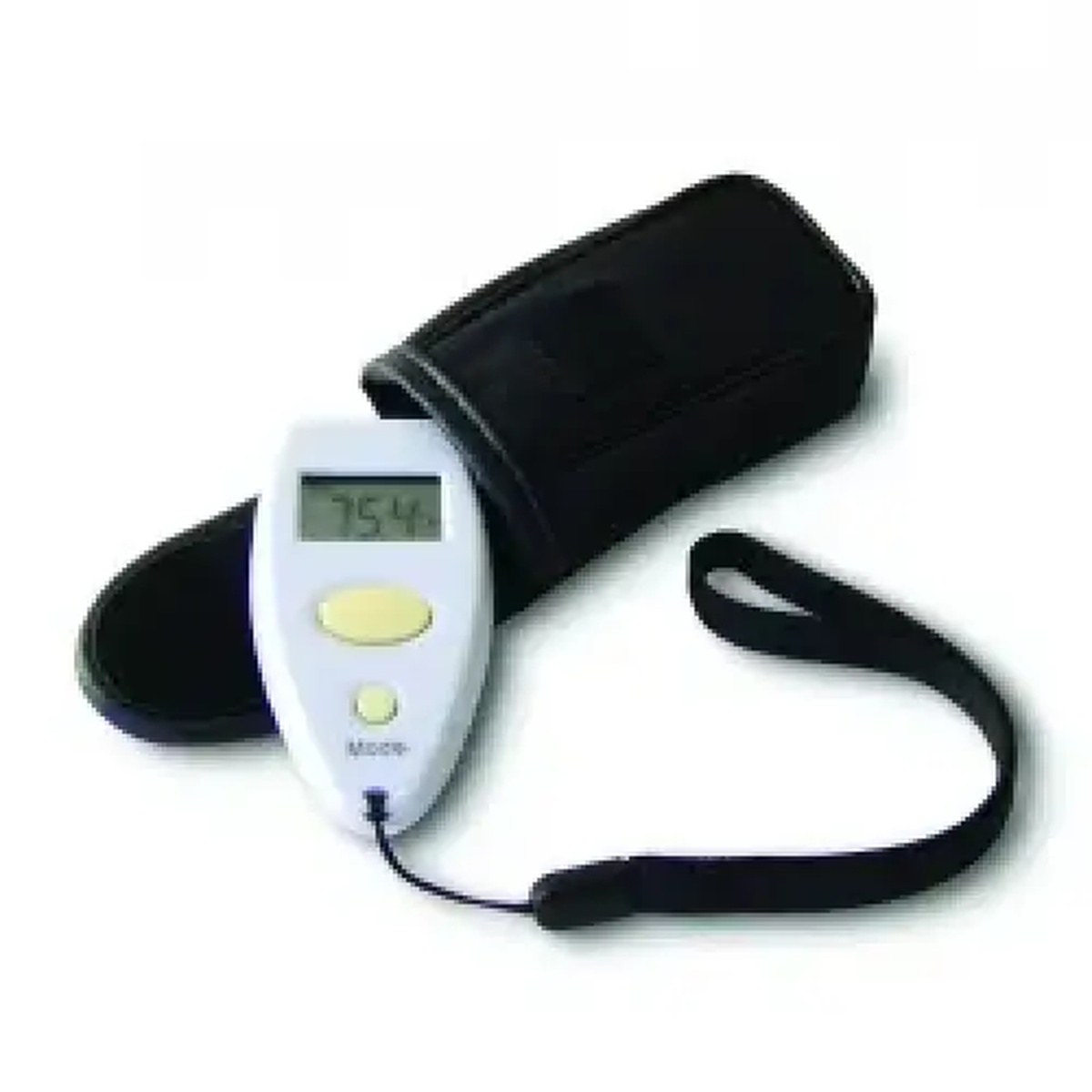 CDN IN428 Infrared Thermometer with LCD display showing 75.4, black carrying pouch, and wrist strap