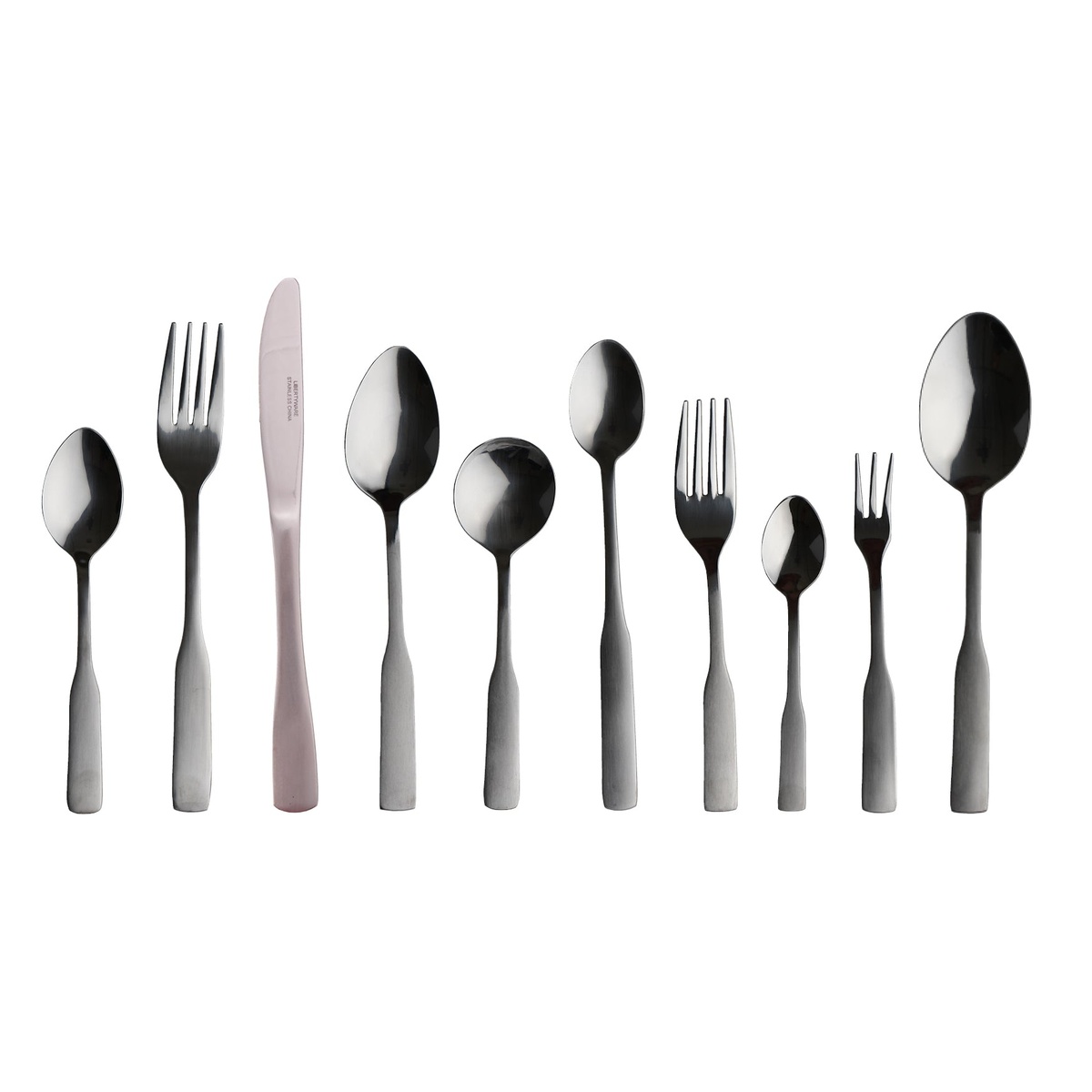 Libertyware Independence flatware collection including forks, spoons, and knives on white background