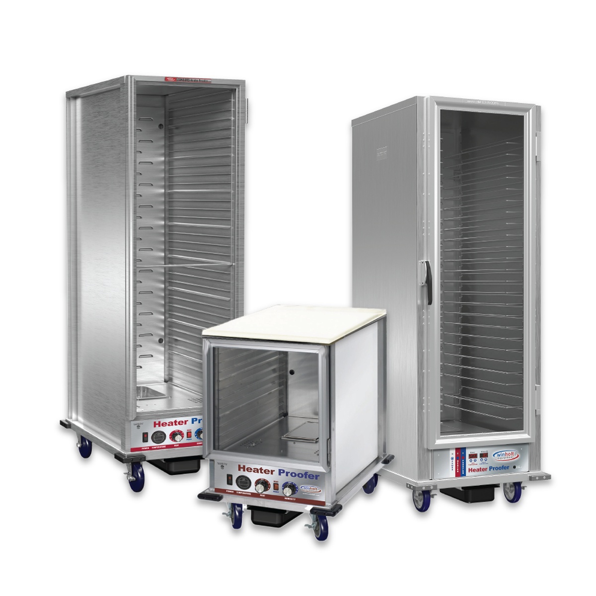 Winholt Heater Proofer cabinet lineup showing full-height and half-height insulated aluminum models with clear doors and bottom digital control drawers
