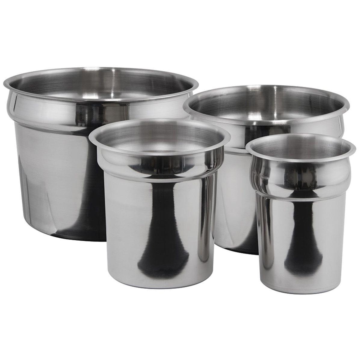 Four Winco stainless steel inset pans in varying sizes arranged together on white background
