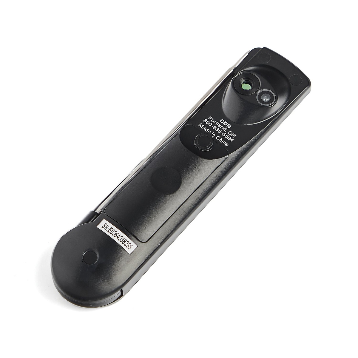 Back view of CDN INTP626X thermometer showing infrared sensor lens and white light target illumination port