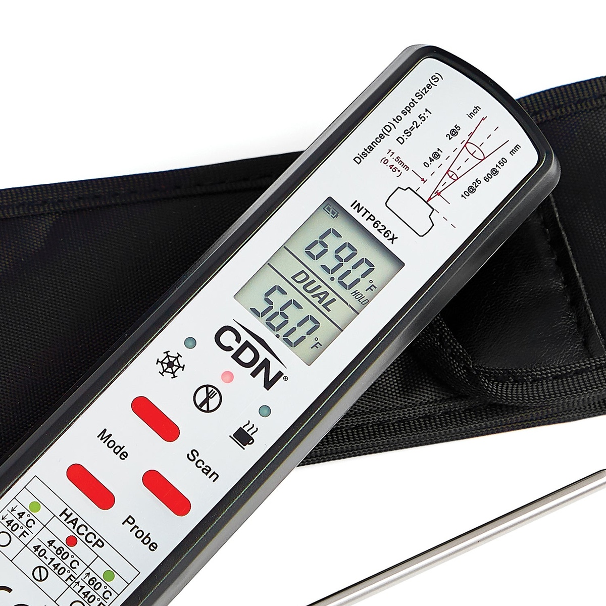 Close-up of CDN INTP626X LCD display showing dual temperature readings with HACCP indicator lights, Mode, Scan, and Probe buttons