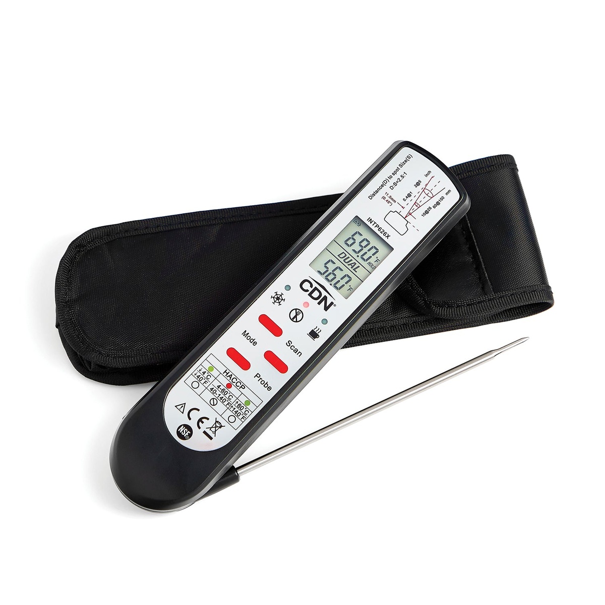 CDN INTP626X thermometer with folding thermocouple probe extended alongside black fabric storage pouch