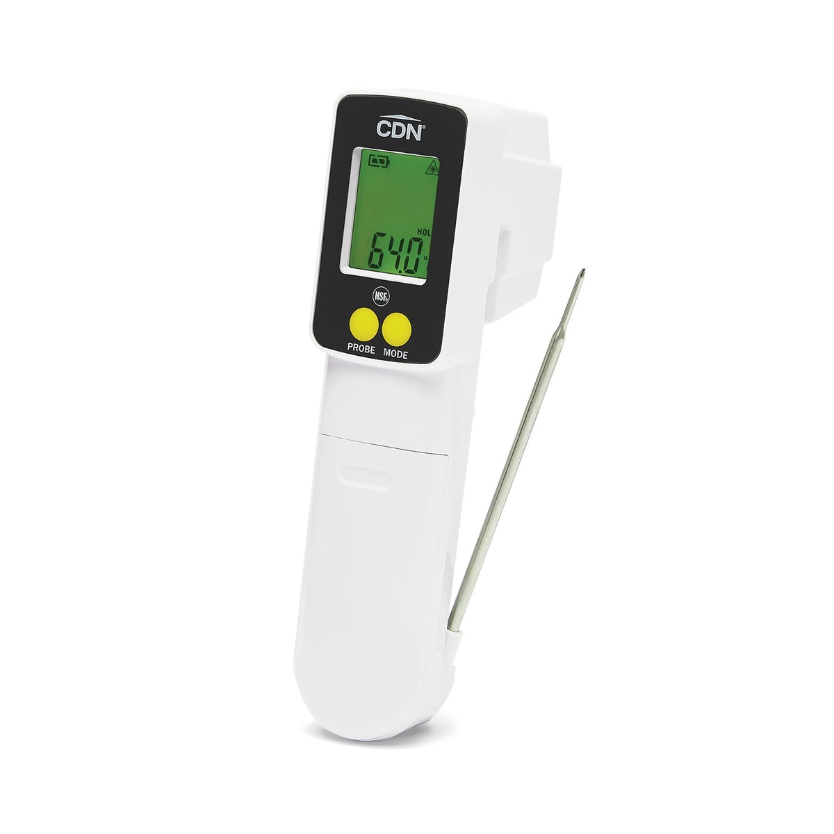 CDN INTP662 ProAccurate infrared gun thermometer shown at an angle with folding stainless steel thermocouple probe extended, green backlit display reading 64.0, white background
