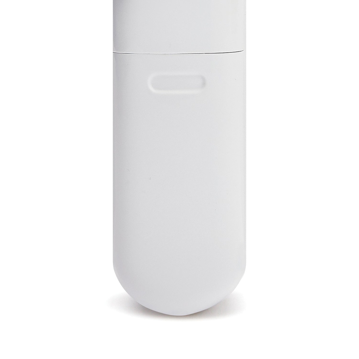 Close-up of CDN INTP662 thermometer handle and battery compartment showing contoured ergonomic grip in white food-safe ABS plastic on white background