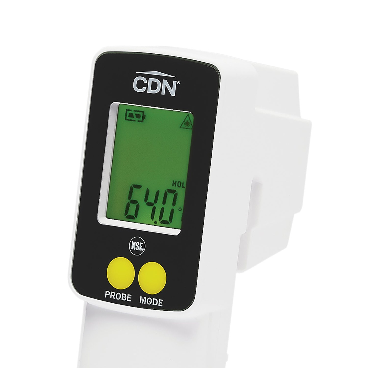 Close-up front view of CDN INTP662 thermometer display showing green backlit screen reading 64.0 with HOL indicator, PROBE and MODE yellow buttons, and NSF certification badge