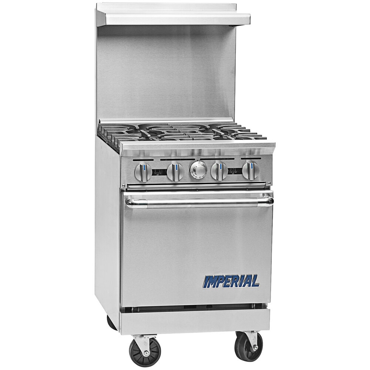 Imperial IR-2-G12 24 inch commercial gas range with two open burners, 12 inch griddle, and space saver oven