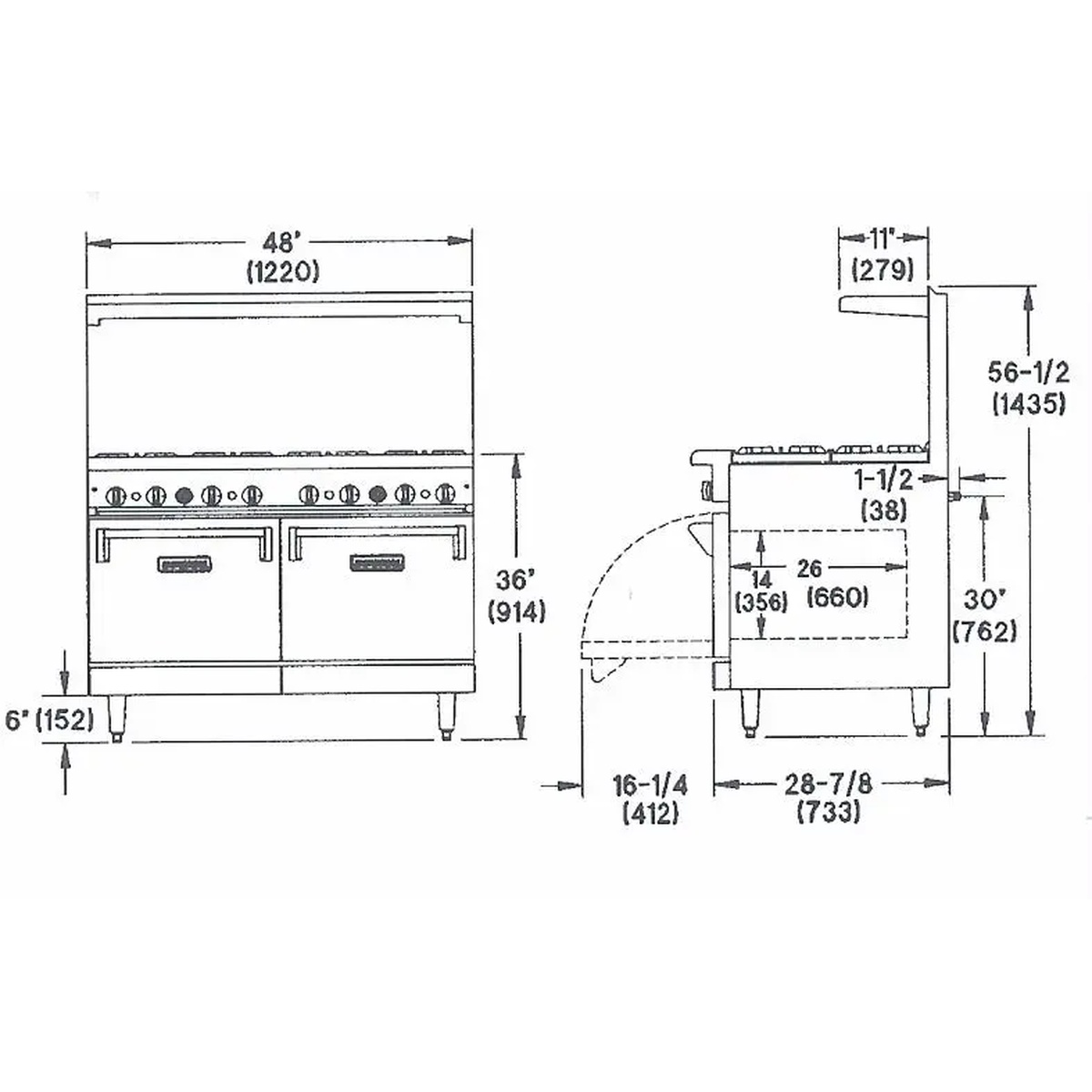 Dimension drawing for a 48 inch Imperial range showing overall width, height, and depth