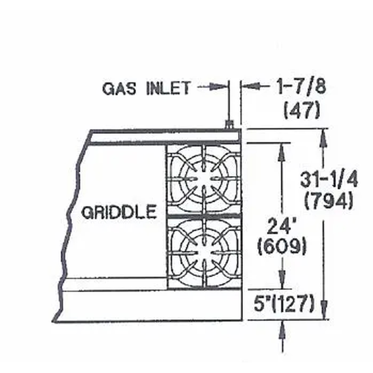 Top view schematic showing griddle section and open burner section layout